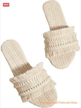 Fringe Straw Sandals Crochet Open Toe Flat Slip On Sandals